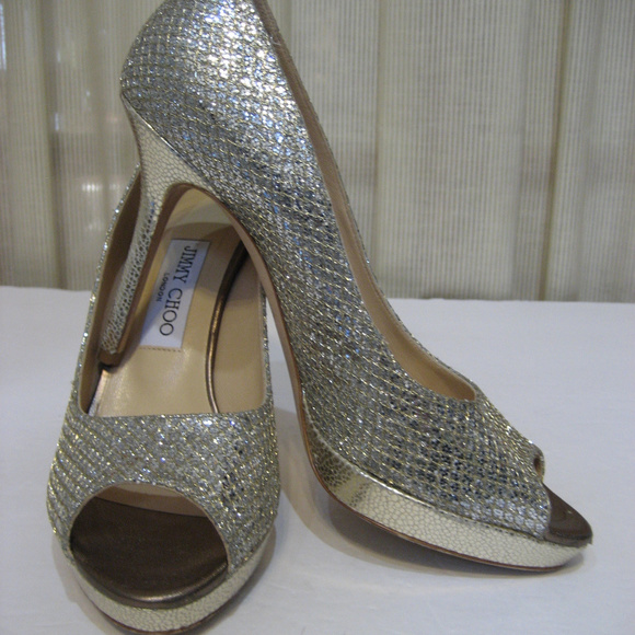 JIMMY CHOO Luna Champagne Gltter Peep Toe Size 38